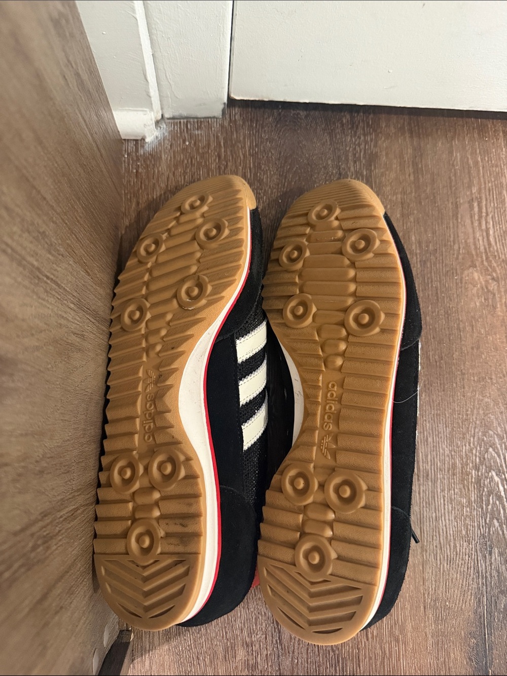 adidas Black Sneakers with White Stripes and Red Heel Accents - Picture 3 of 5